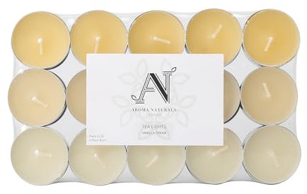 Aroma Naturals London Scented Tealight Candles Bag | 4 Hour Burn Time | Standard Size D3.77 x H1.45cm | Three Tone Coloured Wax & Aluminium Cups | Pack of 30 Tea Lights Scent (Vanilla Cream)