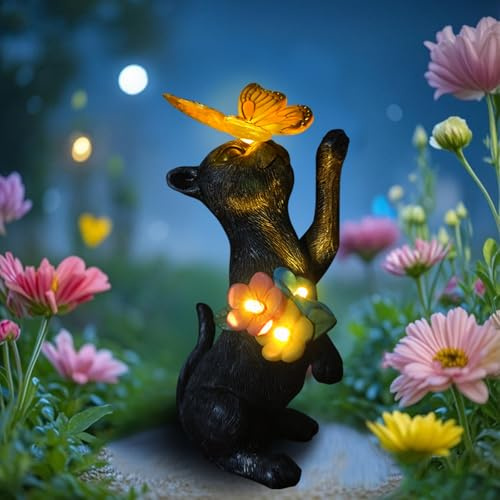 Katze Solar Garten Dekoration Harz Statue, Gartenliebhaber Damen Und Mütter | Willkommen schwarze Katze mit Schmetterling, Terrasse Balkon Garten Rasen im Freien Puppe Dekoration, Housewarming Geschenke