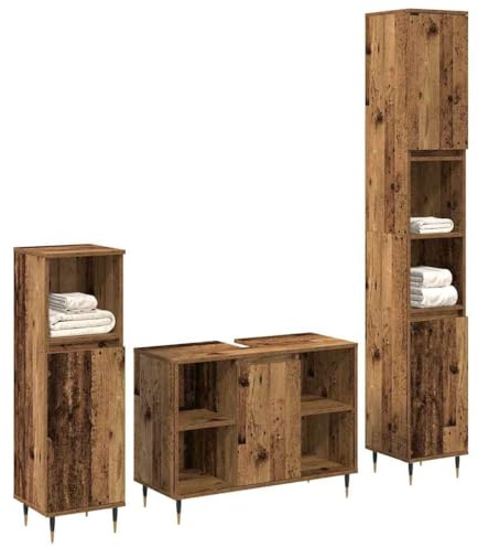 vidaXL Badezimmermöbel-Set mit Regal 3 pcs Altholz Holzwerkstoff, Geräumiger Stauraum, modernes Badezimmermöbelset, stylische Badmöbel, praktische Organisationsteile