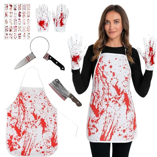 AYNKH 34Pcs Horror Butcher Costume Set, Halloween Scary Headband Bloody Gloves Aprons Fake Knife Prop Halloween Temporary Tattoo Stickers for Adult Kids Party Cosplay
