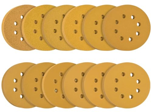 Flintronic 120PCS 125mm Sanding Discs, 8 Hole Hook and Loop Sanding Pads for Random Orbital Sander, 60/80/100/120/150/180/220/240/320/400/600/800 Mixed Grits Orbital Sander Discs (Yellow)