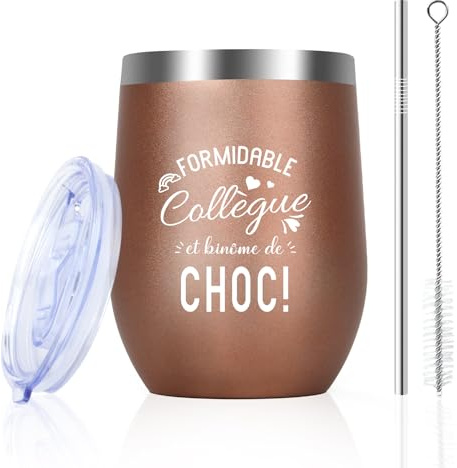 Idee Cadeau Collegue De Travail Femme Départ Collègue Amie Verre a Vin | Cadeau Secret Santa Collegue Bureau Anniversaire Retraite Humoristique 355ml Tasse à Café En Acier Inoxydable Avec Paille