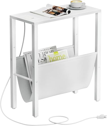 Vagusicc Table d'appoint avec station de charge, petite table d'appoint avec ports USB et prise, table de nuit étroite avec sac de rangement, table de chevet pour petits espaces, salon, chambre à