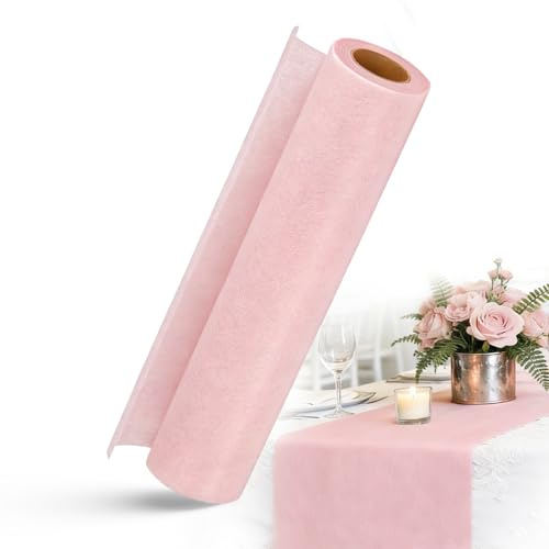 KENPOJO Chemin de Table en Non-tissé Rose Clair 30 cm x 25 m, Ruban Nappe Décorative Vert Sauge, Decoration Table Rouleau pour Baptême, Communion, Anniversaire, Mariage et Fête