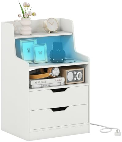 COSTWAY LED Bedside Table with Charging Station, Smart Nightstand End Sofa Side Table with RGB Light Color, 2 Drawers & Storage Shelves, Bedside Cabinet Chest for Living Room Bedroom (1, White)