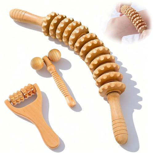 Eulihent Lot de 3 Rouleaux de Massage avec Poignee Bâton de Fascia en Bois pour Dos Cou et Jambes Detente Musculaire pour Maison Voyage Bureau