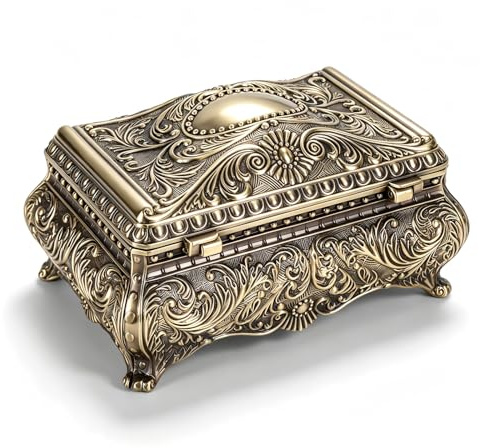 ANKROYU Vintage-Schmuckkästchen aus Legiertem Metall, Rechteckig, Großes Fassungsvermögen, Schmuckaufbewahrung, Organizer mit Antikem Blumenmuster für Frauen und Mädchen, Geschenk, Bronze