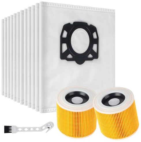 YeeQo 12 sacs d'aspirateur, 2 filtres et 1 brosse, pour Karcher WD3 WD2 | KWD1, KWD2, KWD3, WD3.200-WD3.800M, SE4001, SE4002. Applicable à SAC Aspirateur Karchers, pour Karcher 2.863-314.0