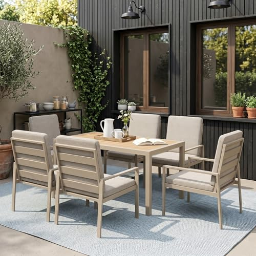 LANOX Gartenmöbel Set 6 Stühle mit Tisch – 7-teiliges Garten Essgruppe aus Metall & Aluminium, Gartentisch 140×80 cm, wetterfest, mit Kissen & Polywood Tischplatte, Beige