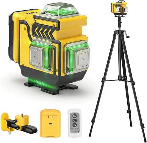 Kreuzlinienlaser mit Stativ - cjumel 4 x 360° Grün Laser Wasserwaage Selbstnivellierend, 4D 16 Linienlaser Kreuzlaser Mit 1.6M Stativ, 5400mAh Batterien, Fernbedienung