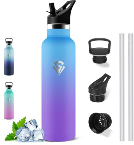 Botella Agua Acero Inoxidable, Botella Termica 1 litro, con Pajita, sin BPA | A Prueba de Fugas, Botella Agua Gimnasio, Doble Aislamiento, Cantimplora Acero Inoxidable, para la Senderismo, Deportes