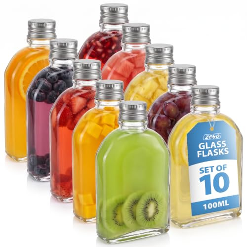 ZENO 100ml Glass Flask Bottles with Screw Tops 10 Pack | Reusable Twist-Off Lids | Airtight Glass Bottle for Home | Great for Gin, Liqueur, Schnapps, Wine, Cider, Soda, Vodka