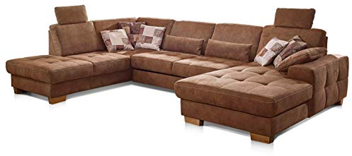 CAVADORE Wohnlandschaft Puccino mit Federkern, verstellbarer Rückenlehne und 2 Kopfstützen / Sofalandschaft in U-Form im Landhaus-Design / 340 x 86 x 224 cm / Mikrofaser hellbraun