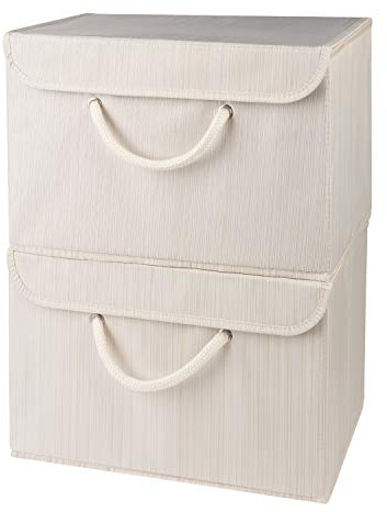 Beige Fabric Storage Boxes with lids. Stackable and Foldable. For wardrobes, shelves, clothes, bedroom, office, cupboard, keepsake memory box, crafts, toys, shoes, socks. Rope Handle 2pk 37x25x25cm