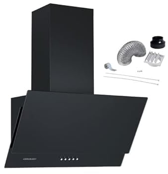 Cookology CHA600BK/A Energy A rated 60cm Black Angled Extractor Fan, Designer Chimney Cooker Hood (With Ducting Kit)