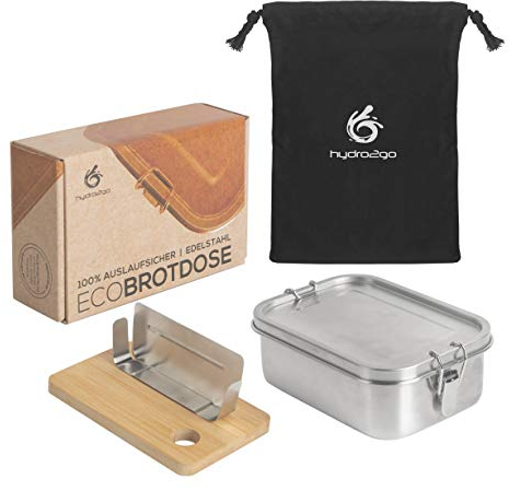 hydro2go auslaufsichere Lunchbox aus Edelstahl – BPA-frei, plastikfrei, mit Trennwand, Schneidebrett und Baumwolltasche – für Kinder & Erwachsene (800 ml)
