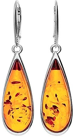 Large Amber Teardrop Dangly Drop Earrings for Women/Teenage/Girls - 925 Sterling Silver - Amber Jewellery