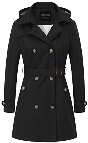 CREATMO US Damen-Trenchcoat, zweireihig, klassischer Revers, Übermantel, Gürtel, schmale Oberbekleidung, Mantel mit abnehmbarer Kapuze, Schwarz, L