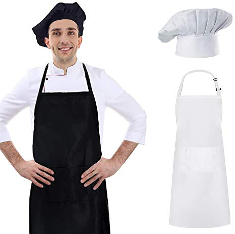Culcenor Cxing Gorro de cocinero y delantal para adultos, de poliéster liso, ajustable, elástico, con dos bolsillos, accesorio para fiestas de Navidad para la escuela de cocina en casa - Blanco