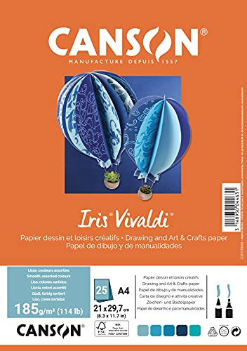 Canson Iris Vivaldi Farbpapier DIN A4, 185 g/m², 25 Blatt, sortiert in 5 Farben - blau
