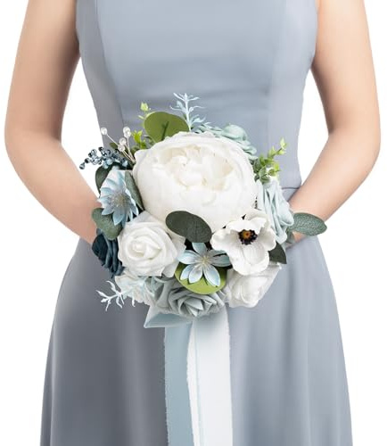 Ling's moment Künstliche Blumen Staubblau Brautjungfern-Strauß, Blau- und weiße Hochzeitsblumensträuße für Brautjungfern, 7 Zoll Brautsträuße für Brautjungfern, Hochzeit, Zeremonie, Jubiläum usw.