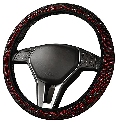 Diamant Lenkradabdeckung, Asudaro 38cm Universal Lenkradhülle Glitzer Bling Bling Lenkradbezug Rutschfest Lenkrad Abdeckung Lenkradschoner Auto-Dekozubehör für Damen & Mädchen,Schwarz Rot