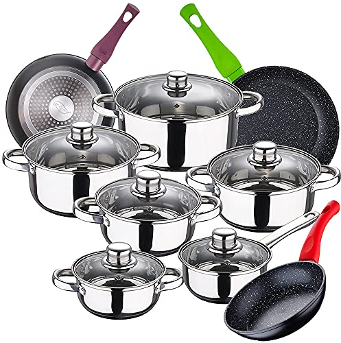 Bateria de cocina 12 piezas SAN IGNACIO Cassel, acero inoxidable, con juego sartenes (18/22/26 cm) SAN IGNACIO Jolie en aluminio forjado