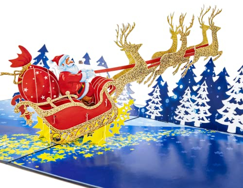 LIMAH® Pop-Up Karte Weihnachten - Außergewöhnliche 3D Weihnachtskarte - Nikolaus mit Schlitten und Rentieren - für Männer, Frauen und Kinder als Gutschein, Geldgeschenk oder zum Geschenk