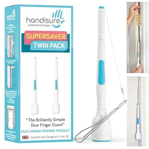 Handisure Award Winning 2 Automatic Child Door Finger Guards, Door Locks & Window Guards, Door Hinge Guard & Lock Side Safety, Baby Door Stopper, Easy to Install (White Teal, 2 Count (Pack of 2))