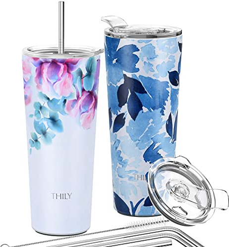 Vakuumisolierter Edelstahlbecher – THILY 780 ml dreifach isolierter Reisebecher mit spritzwassergeschütztem Deckel, für Eiskaffee und heiße Getränke, 2er-Pack, Pink Lilies + Blue Maple