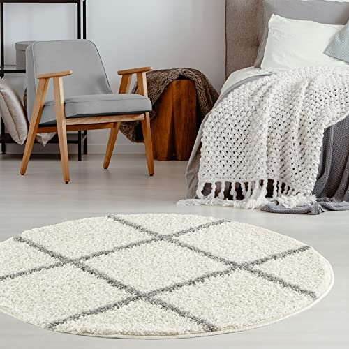 THE RUGS Shaggy Rug – Modern Moroccan Design Rugs for Living Room, Bedroom, Hallway, 3 cm Thick Area Rugs, (Diamond Ivory/Grey, 120cm Round)