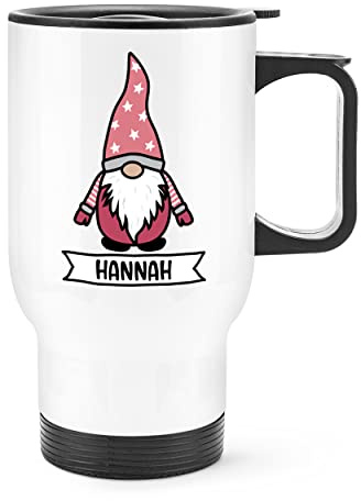 Personalised Gonk Gnome Pink Scandi Travel Mug Cup with Handle