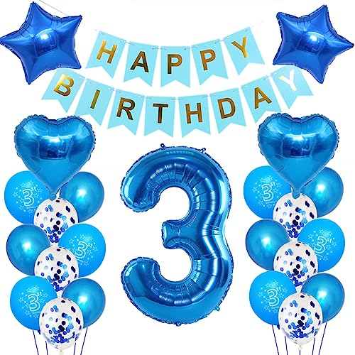 Kindergeburtstag Deko Jungen 3 Jahr ballon, 3. Geburtstag Dekorationen für Junge,Deko 3 Geburtstag ballon, 3 Geburtstag Deko Jungen Happy Birthday Banner Luftballons Blau Konfetti Helium Set …