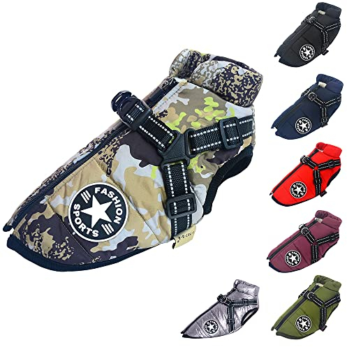Hundeweste,Hundemantel Wasserdicht,Warme Weste mit Hundegeschirr Winter Warm und weich 9 Farben-Tarnung 5XL