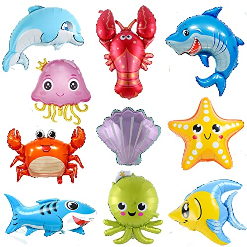 10 Stück Fischballons für Dekorationen unter dem Meer, große Ozean-Tiere-Luftballons, Hai, Delfin, Nilpferd, Krabben, Jakobsmuscheln, Folienballons für Kinder, unter dem Meer