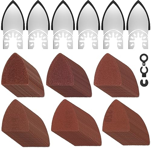 129Pcs Oscillating Multitool Sanding Pad Kit, Universal Finger Sanding Pads 60-320 Grit Triangle Finger Sandpaper Set, Multipurpose Sanding Paper Assortment with 3 Spacer Adapter