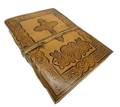 CRIGEMA Notizbuch aus Leder – handgemachtes Notizheft – weiße Blätter – 17,5 x 12,5 cm – 240 Seiten (CELTIC ROCE)