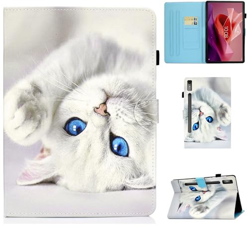 CASAFUNY Funda para Lenovo Tab P12 12.7 Pulgadas Protectora Carcasa Cover Lenovo Tab P12 TB-370F con Auto-Sueño/Estela para Lenovo Tab P12 2023, Gato Blanco