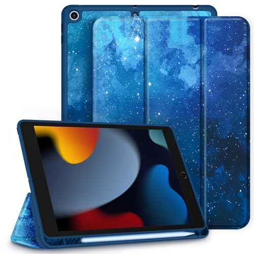 CACOE Hülle für iPad 9./8./7. Generation mit Stifthalter 10.2 Zoll Modell 2021/2020/2019, Ultradünne Schutzhülle aus TPU mit Standfunktion für iPad 10.2,Blauer Sternenhimmel