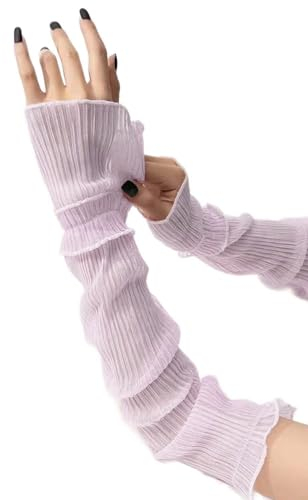 Women's Mesh Sheer Ruched Arm Sleeves Ruffle Hem Fingerless Gloves Fairycore Costume Accessories Tulle Lace Sleeves, Purple, One Size