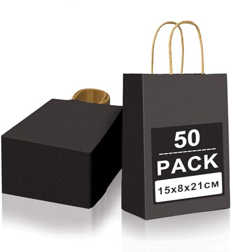 Gucass 50 Stück Klein Papiertüten mit Henkel, Schwarz Geschenktüten Kraftpapiertüte Papiertragetasche, 15 x 8 x 21cm, Geschenktaschen zum Verpacken Einkaufen Geburtstag Partys Hochzeit Weihnachten