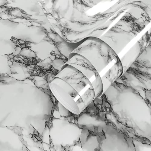 VIOPVERY Peel and Stick Wallpaper - 90cm x 500cm White Black Marble - Thick Self-Adhesive Stickers for Kitchen Worktops and Bedroom Furniture