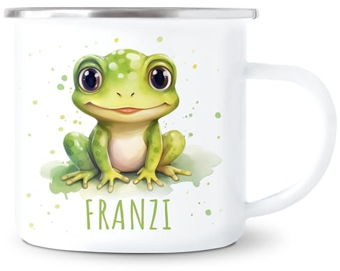 Frosch Emaille Tasse Kinder Trinkbecher personalisierte Kindertasse mit Namen süßer Kinderbecher für Mädchen & Jungen Geschenk Emaille Becher 300 ml