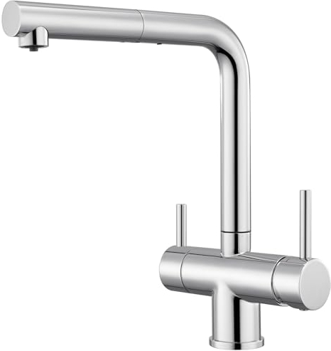 CREA 3 Wege Wasserhahn Küche mit Brause, 360° Drehbar Küchenarmatur, Drei Wege Mischbatterie für Wasserfilter, Trinkwasserhahn mit 2 Hebel, 3 in 1 Spültischarmatur, Chrom