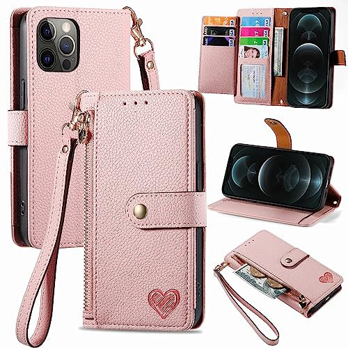 VEEMOS Zipper Wallet Case for Apple iPhone 12 Pro Max Phone Case with Purse Card Holders RFID Blocking Leather Flip Case Book Cover Wrist Strap Women - Pink