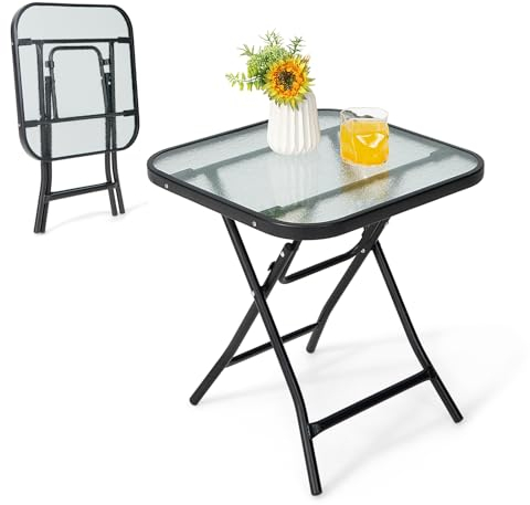 KOMFOTTEU Table de Jardin Pliable, Table de Bistrot avec Plateau en Verre et Cadre en Métal, Table latérale Ronde, pour Balcon, Terrasse (Carrée, 46,5 x 46,5 x 47,5 cm (L x l x H))