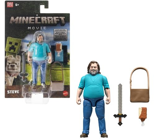 Mattel Minecraft - Personaggio Steve, action figure da collezione con acccessori inclusi, alto 10 cm e ispirato al film e al videogioco, giocattolo per bambini, 6+ anni, JFR57