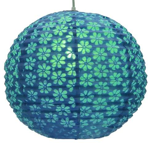 Runder Lokta Papierlampenschirm, Boho Hängelampe Coronada - Ø 35 cm türkis/Asiatische Lampenschirme aus Papier & Stoff