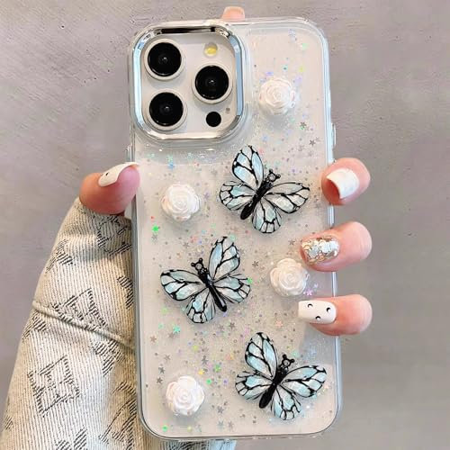 UEEBAI Case for iPhone 13 Pro Max, Clear Soft Pretty Cute Glitter Bling 3D Butterfly TPU Phone Case Slim Airbags Corners Non-Yellowing Shockproof Protective Bumper Silicone Cover for Women Girls, Blue
