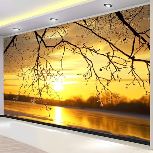 Photographie De Paysage Lac Coucher De Soleil Papier Peint Panoramique Jaune Photo Peintures Murales Salon Tv Canapé Thème Hôtel De Luxe Couloir Fond Mur Peinture 200 (H) x 140 (L) cm